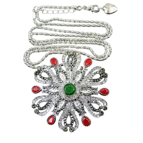 Betsey Johnson Necklace Red Green & White Crystal Medallion Brooch Pendant Silve - Picture 1 of 2
